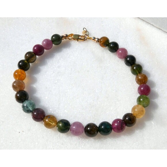 Natural Watermelon Tourmaline - 6mm Gold Beaded Bracelet  Colorful Gemstones - Picture 4 of 6